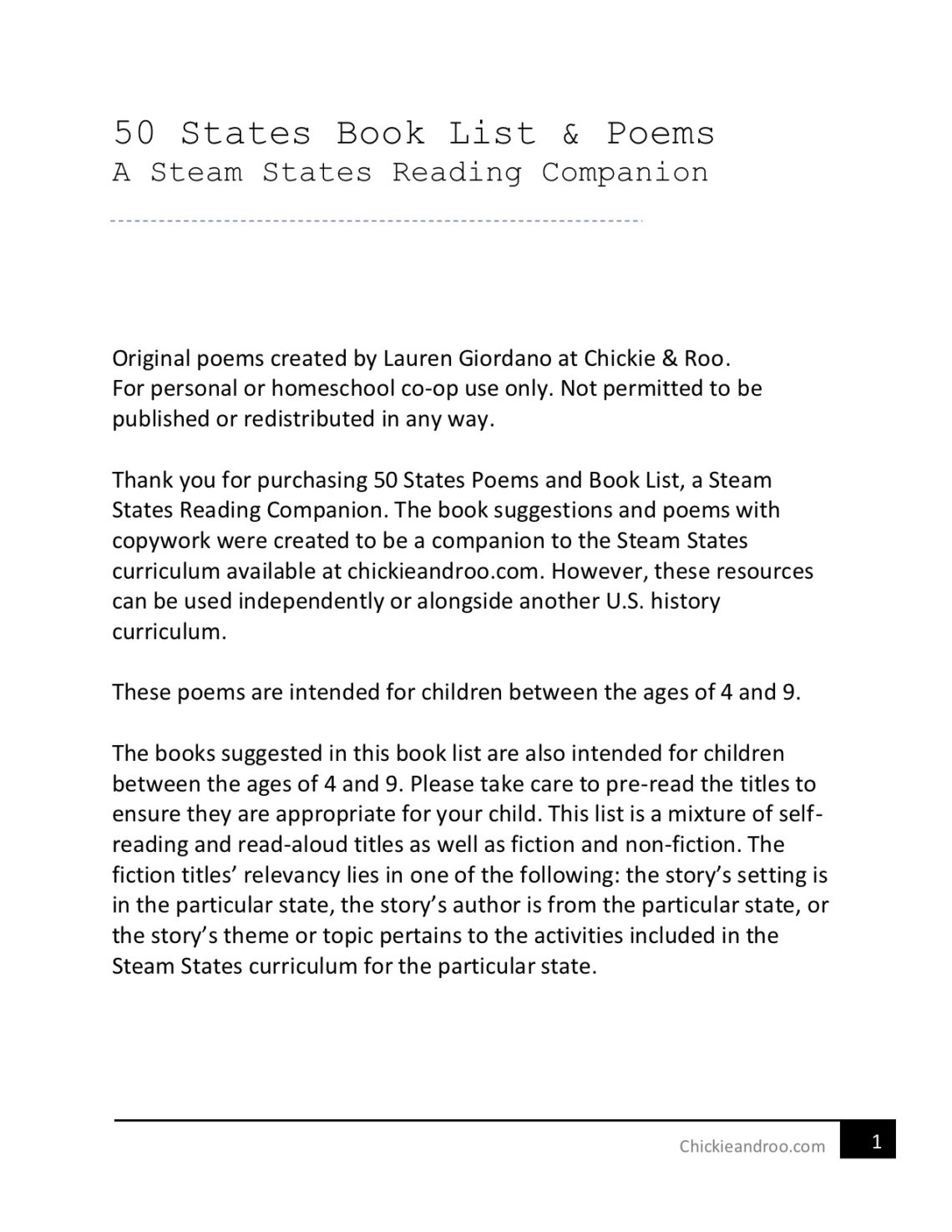 State Studies Reading CompanionBook List & Poems Chickie & Roo